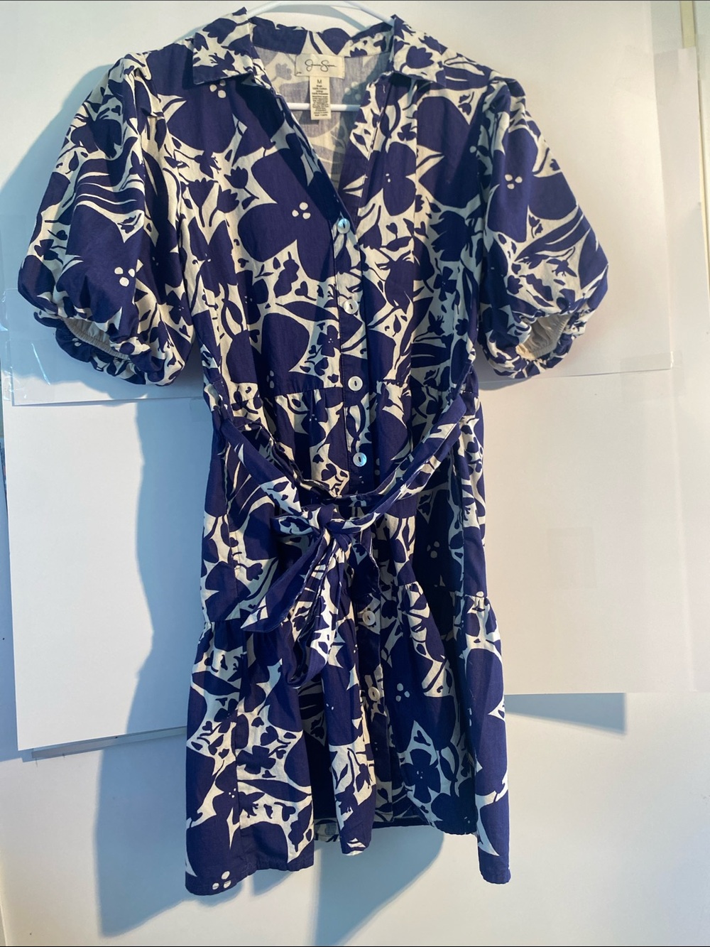 Jessica Simpson Navy and White Floral Button-Front Mini Dress